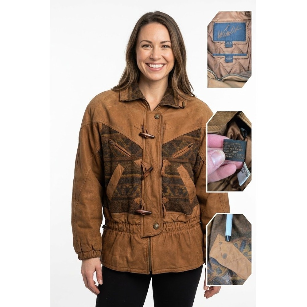 VINTAGE Winlit Brown Genuine Leather Wool Aztec Jacket M Toggle Southwest Boho